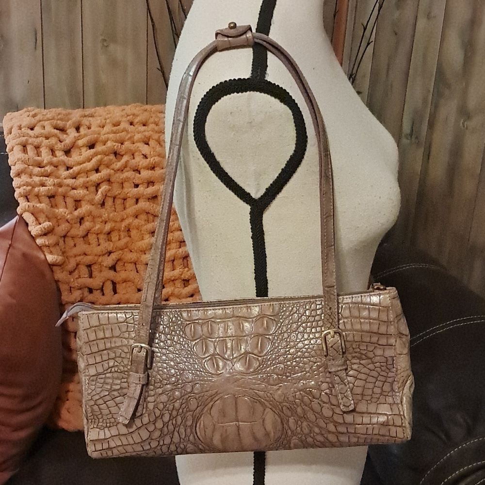 Brahmin Toasted Almond Melanie Handbag Croc Embossed Leather Shoulder Bag Preown - Picture 2 of 10